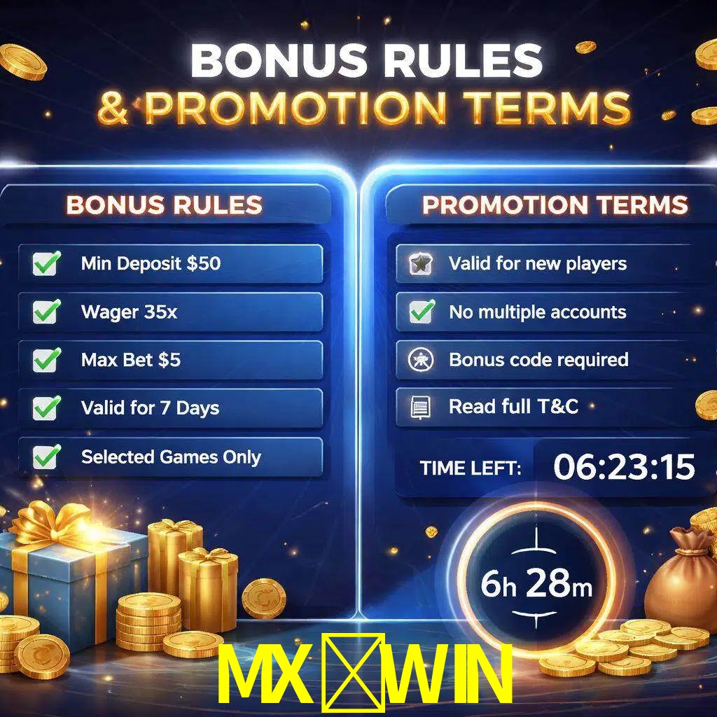 Reglas de promoción MX-WIN y condiciones de bonos explicadas visualmente