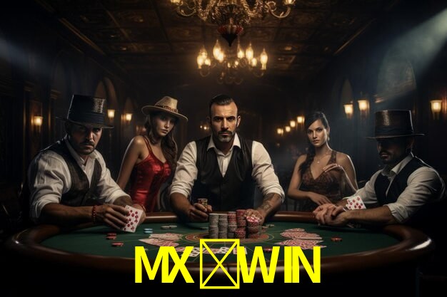 Escena dinámica inspirada en casino con iluminación MX-WIN, cartas, fichas e íconos de juegos digitales en un espacio moderno de juegos.