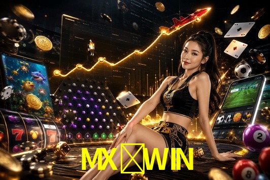 Una escena digital vívida inspirada en casino con MX-WIN mostrado prominentemente, luces brillantes, fichas, cartas y acentos dorados.