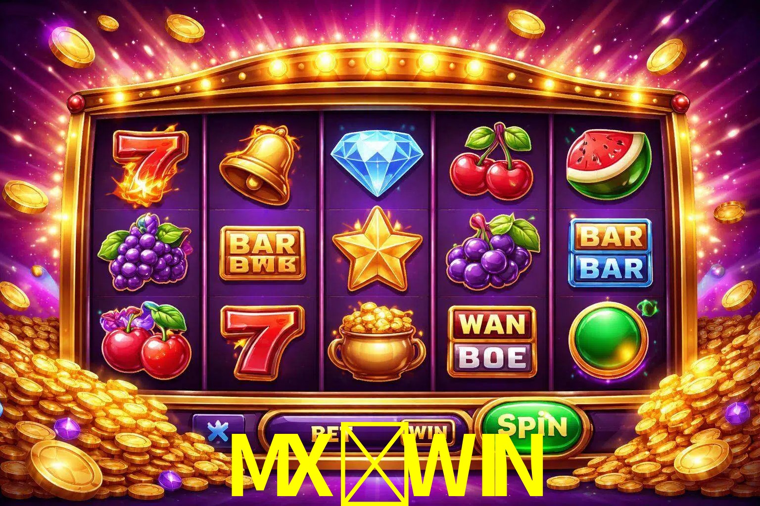 Una interfaz colorida de tragamonedas en línea con símbolos brillantes, monedas y un efecto de victoria celebratoria en MX-WIN.